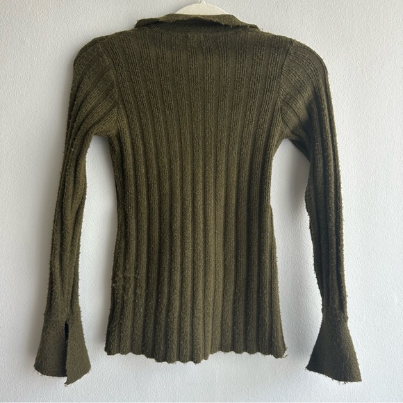 Princess Polly Ribbed Knit Cardigan w/ Slit Bell Sleeves in Olive Green - Picture 6 of 11